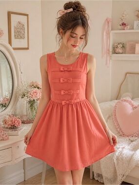 Rue21 Babydoll Bow Front Dress Fit Flare Coquette Soft Girl Mini Skater Coral L